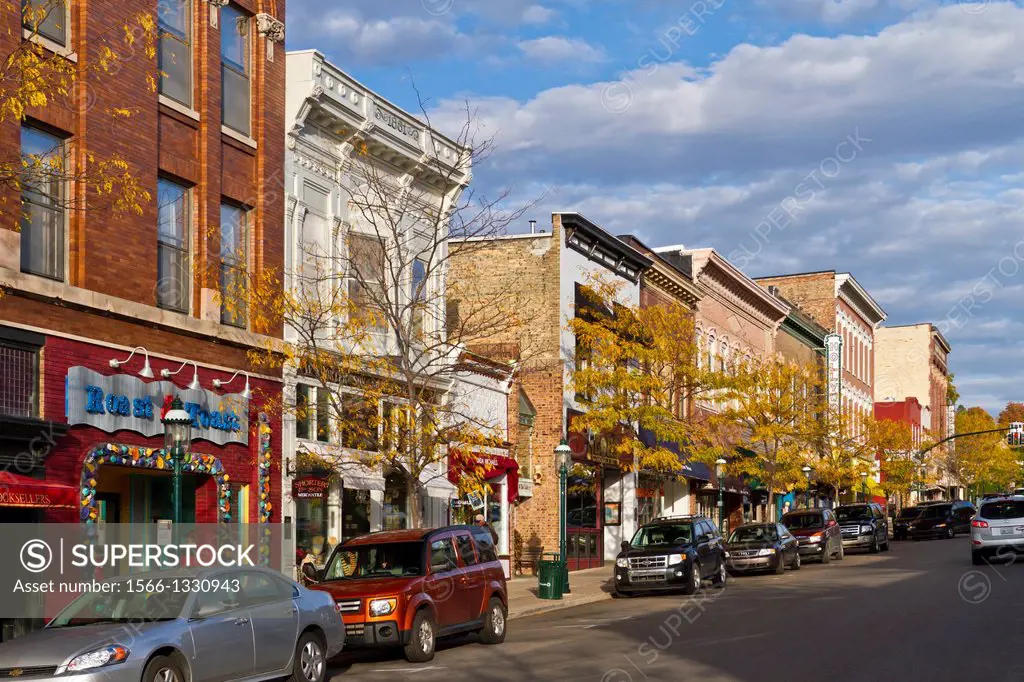 Downtown main street and shops in Petoskey, Michigan, USA