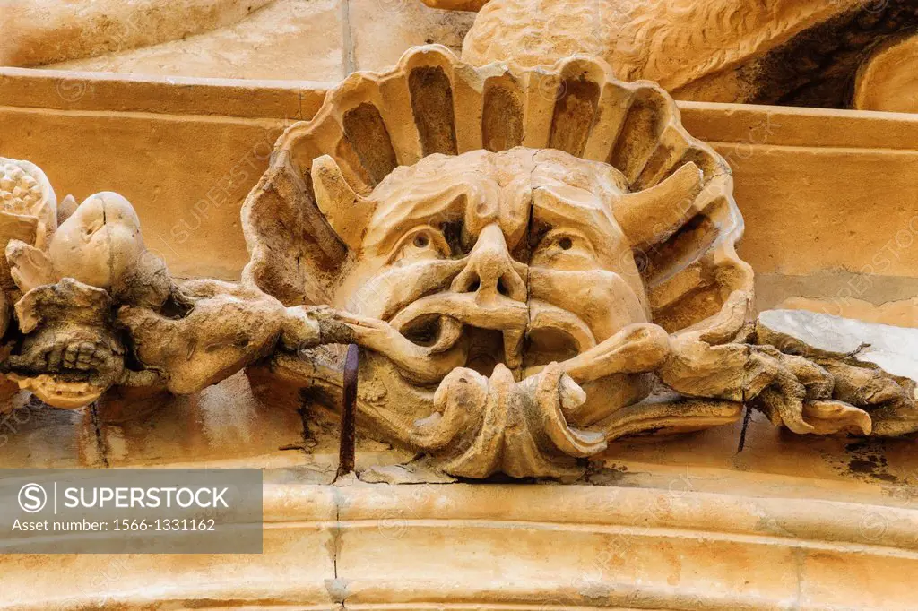 Devil suffering, facade, Sant Francesc. XIII.Palma century, Balearic Mallorca.Islas. Spain.