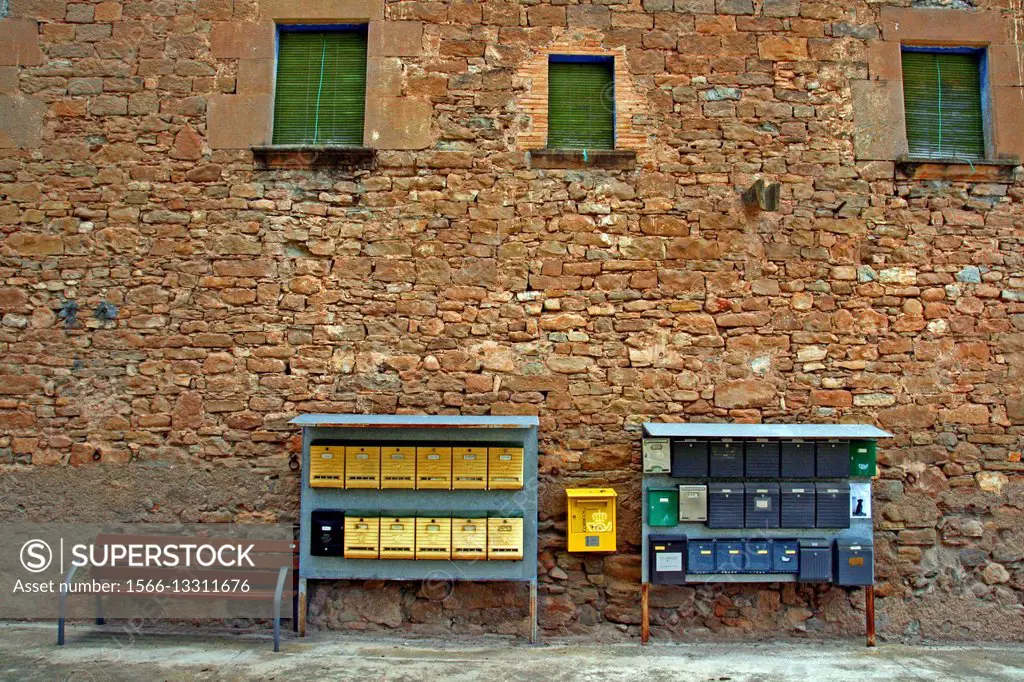 Mailboxes in Aguilar de Segarra, Bages region, Barcelona province, Catalonia, Spain.