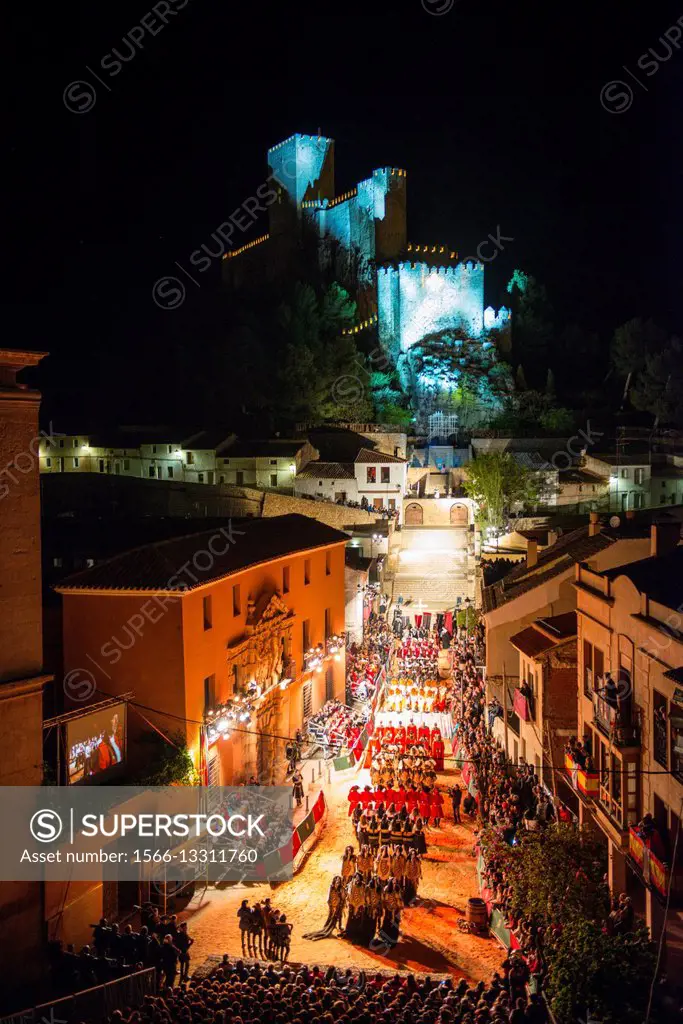 Night Embassy, Fiestas Mayores festival at Almansa Castle, Albacete province, Castile La Mancha, Spain.