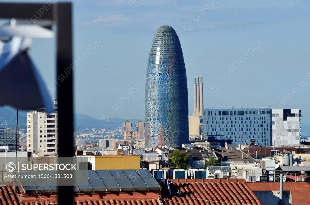 Cityscape, skyline. Agbar tower by Jean Nouvel. Barcelona, Catalonia, Spain.