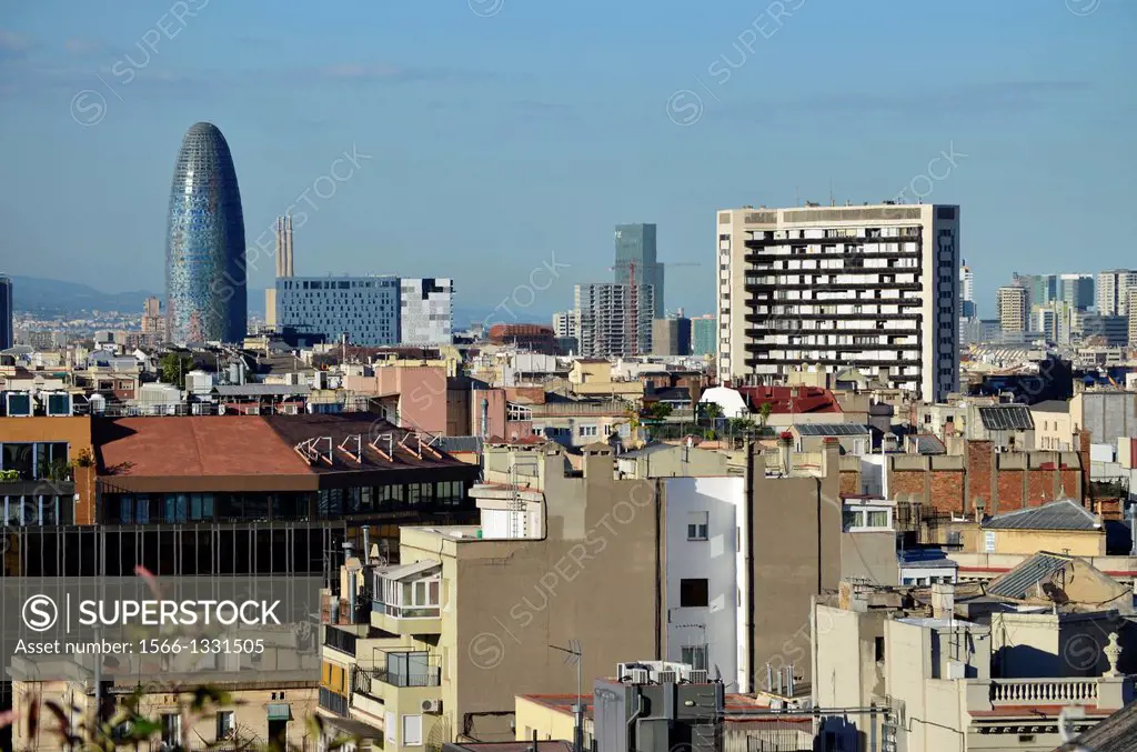 Cityscape. View of the city. Buildings and houses stacked. Agbar tower. 22@ district skyline. Barcelona, Catalonia, Spain.