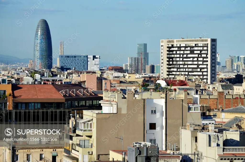 Cityscape. View of the city. Buildings and houses stacked. Agbar tower. 22@ district skyline. Barcelona, Catalonia, Spain.