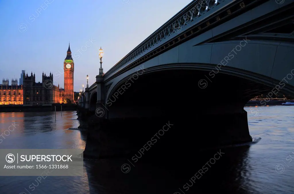 The twilight view of Westminster Bridge over River Thames with Big Ben and Westminster Palace in the background. London. England. United Kingdom.