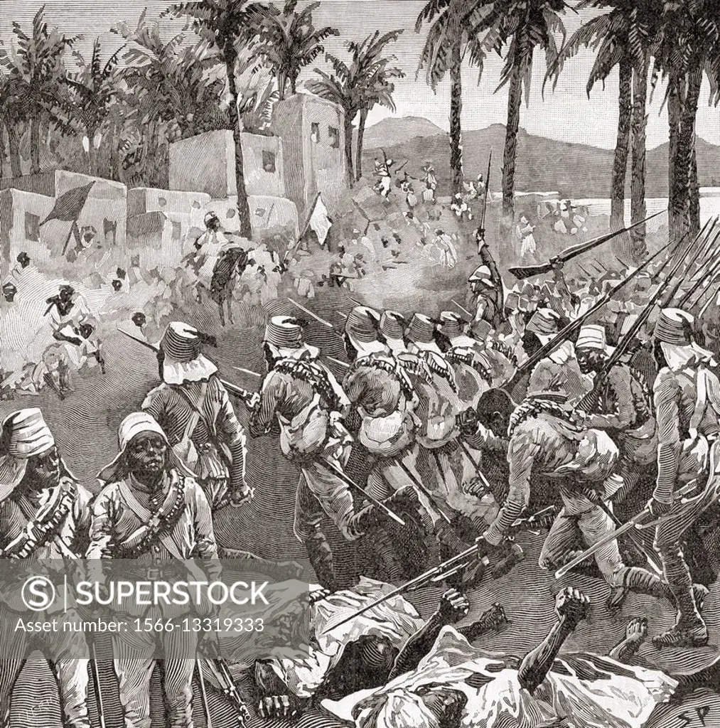 Anglo-Egyptian troops storm the village of Ferkeh at the Battle of Ferkeh or Firket, 7 June 1896, during the Mahdist War. From The Century Edition of ...