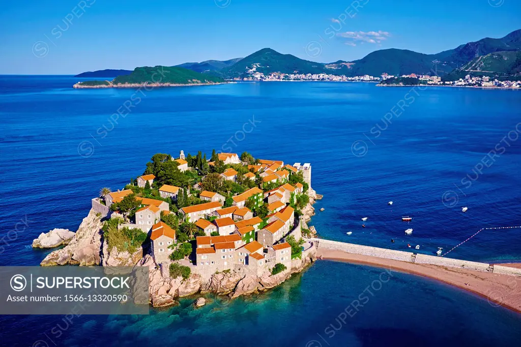 Montenegro, Adriatic coast, Bay of Budva, Island of Sveti Stefan (St. Stephen), once a fishing village, now a luxury hotel complex.