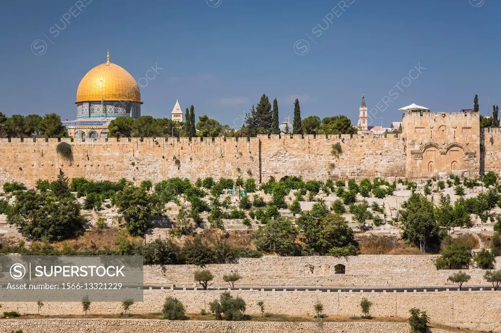 The Eastern Gate, Dome of the Rock and city walls from the Mount of Olives in Jerusalem, Israel, Middle East.