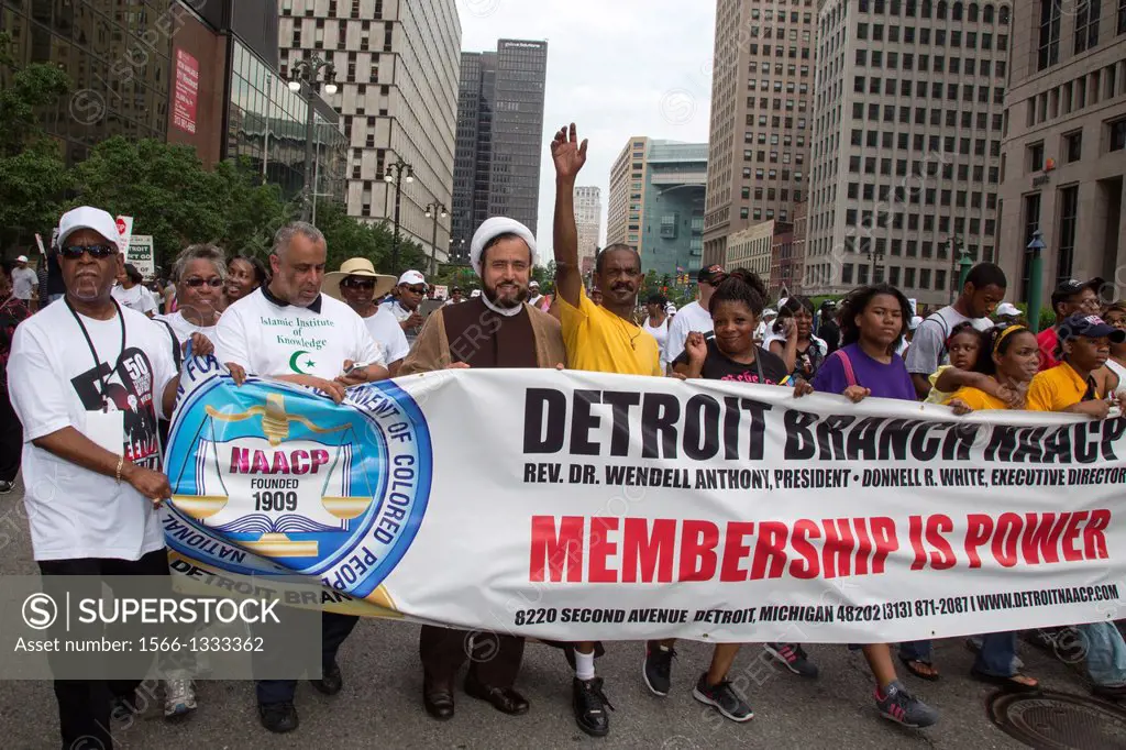 Detroit, Michigan - Muslim leaders join the NAACP in a march commemorating the 50th anniversary of Dr. Martin Luther King Jr.'s 1963 ""Walk to Freedom...