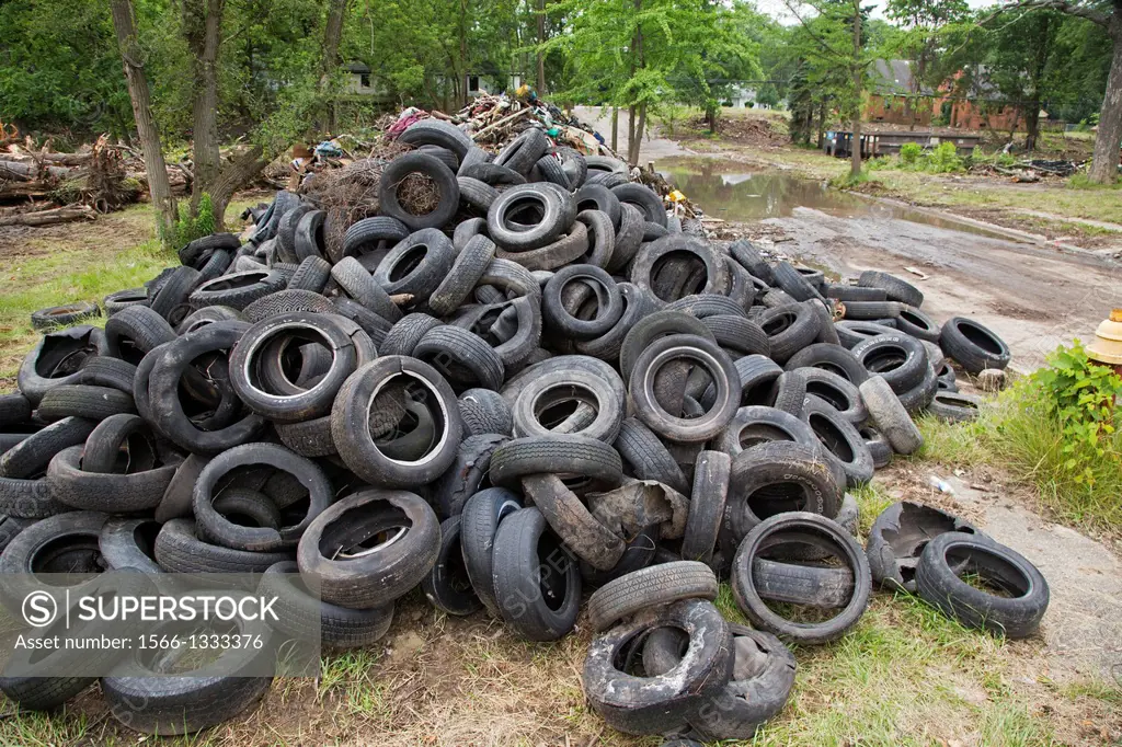 Detroit, Michigan - Hundreds of tires await disposal as the Detroit Blight Authority cleans up 14 blocks of the Brightmoor neighborhood. Brightmoor is...
