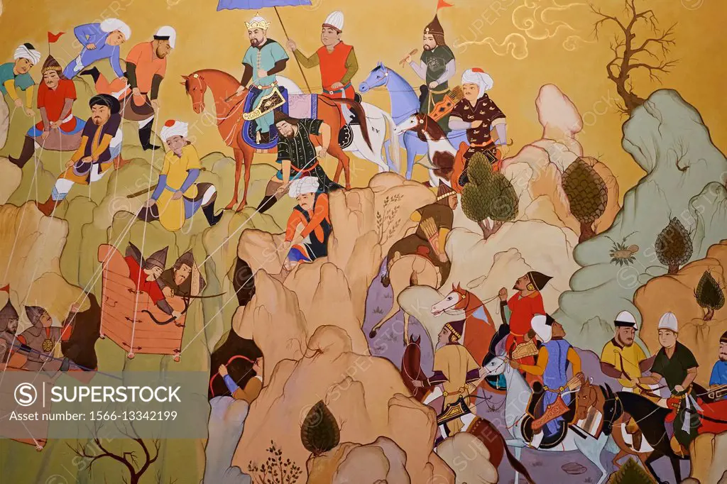 Uzbekistan, Tashkent, Tamerlan square, Tamerlan museum, fresco, battle.