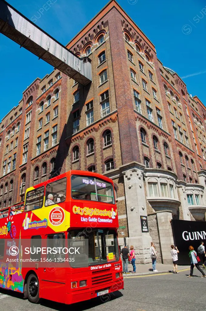 Sightseeing tour bus outside Guinness Storehouse St James Gate Brewery Dublin Ireland Europe.