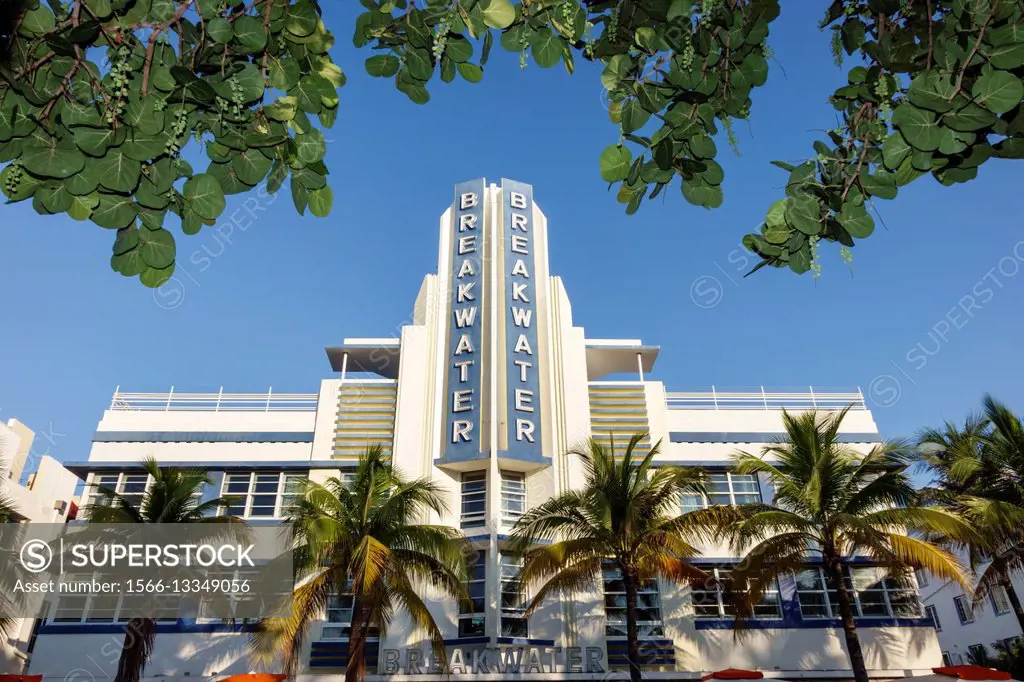 Florida, Miami Beach, South Beach, Ocean Drive, Art Deco District, Tropical Deco, Breakwater Hotel, 1936, facade, architecture, Anton Skislewicz, sign...
