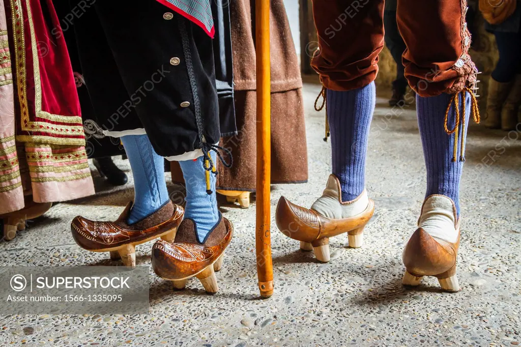 Traditional shoes or clogs or almadreñas. Fiesta del Orujo (Orujo fair). Potes, Comarca de Liébana, Cantabria, Spain.