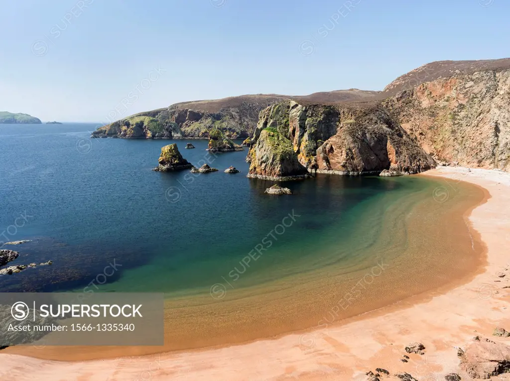 Muckle Roe, a small island of the Shetland Islands. Muckle Roe (big red isle) is famous for the red, unspoilt granite cliffs and beaches. europe, cent...