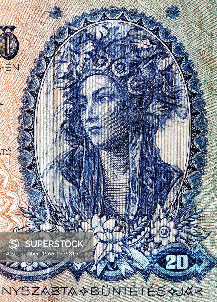 Portrait of Young woman in national costume from 20 Pengo banknote, Hungary, 1941
