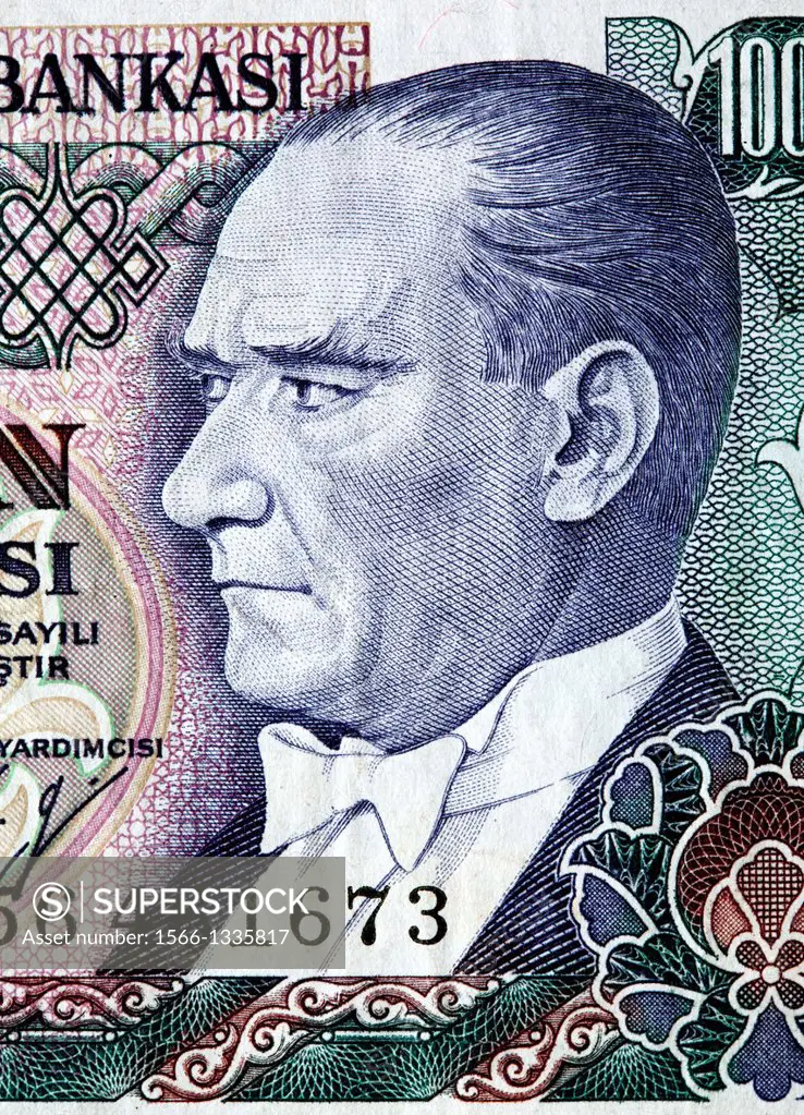 Portrait of President Kamel Ataturk from 1000 Lira banknote, Turkey, 1986
