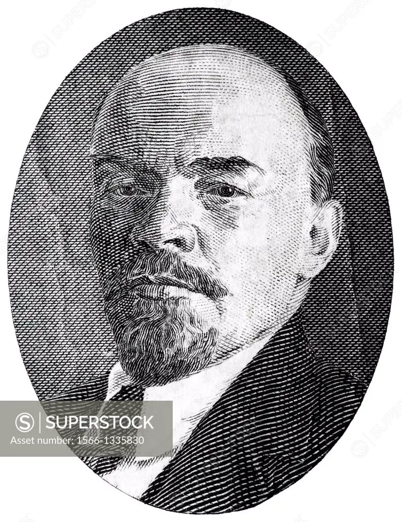 Portrait of Vladimir Lenin from 1 Chervonetz banknote, on white background, Russia, 1937