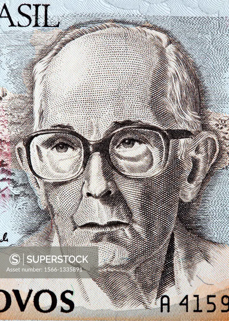 Portrait of C Drummond de Andrade from 50 Cruzeiros banknote, Brazil, 1990