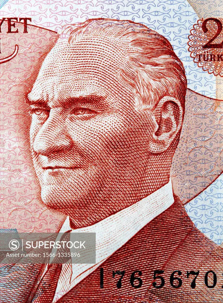 Portrait of President Kamel Ataturk from 20 Lira banknote, Turkey, 1970