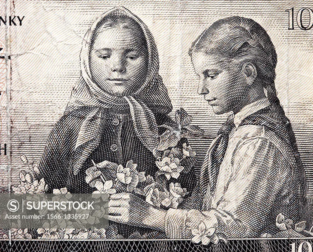 10 Korun banknote, two girls with flowers and Orava Dam, Czechoslovakia, 1960