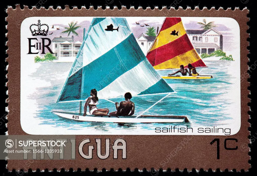 Sailfish sailing, postage stamp, Antigua, 1976
