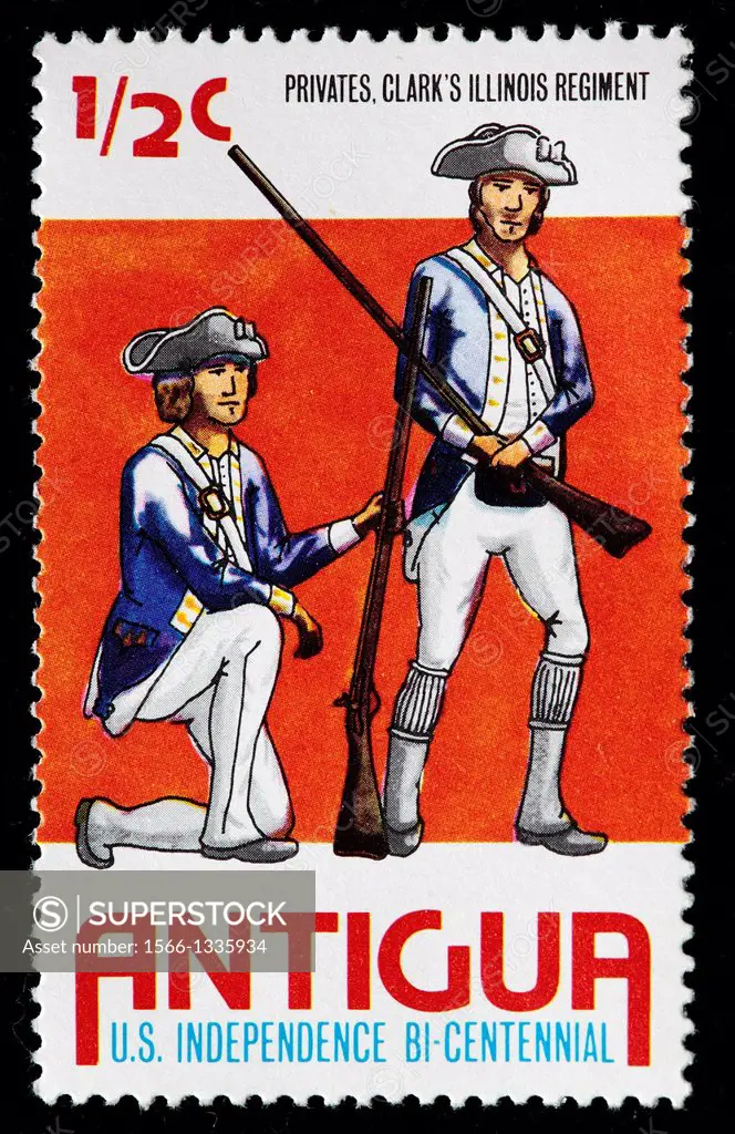 Privates, Clarks Illinois Regiment, US Bicentennial, postage stamp, Antigua, 1976