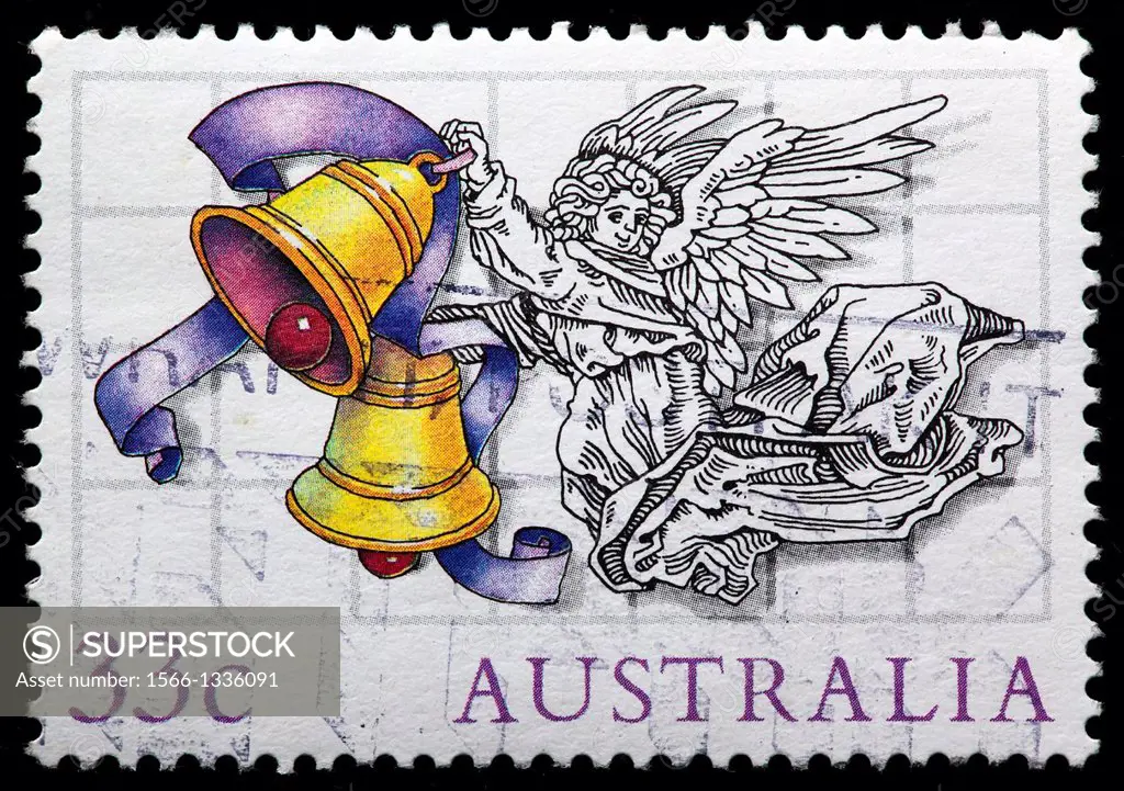 Angel with bells, Christmas, postage stamp, Australia, 1985