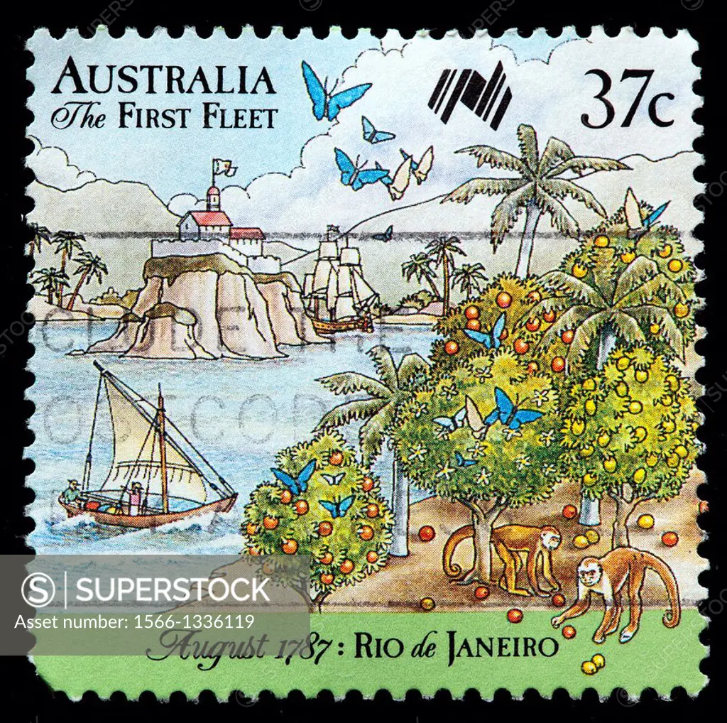First Fleet arrives at Rio de Janeiro, postage stamp, Australia, 1987