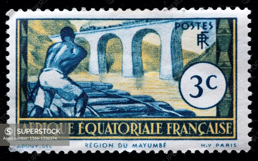 Logging on Loeme river, postage stamp, Congo, 1937