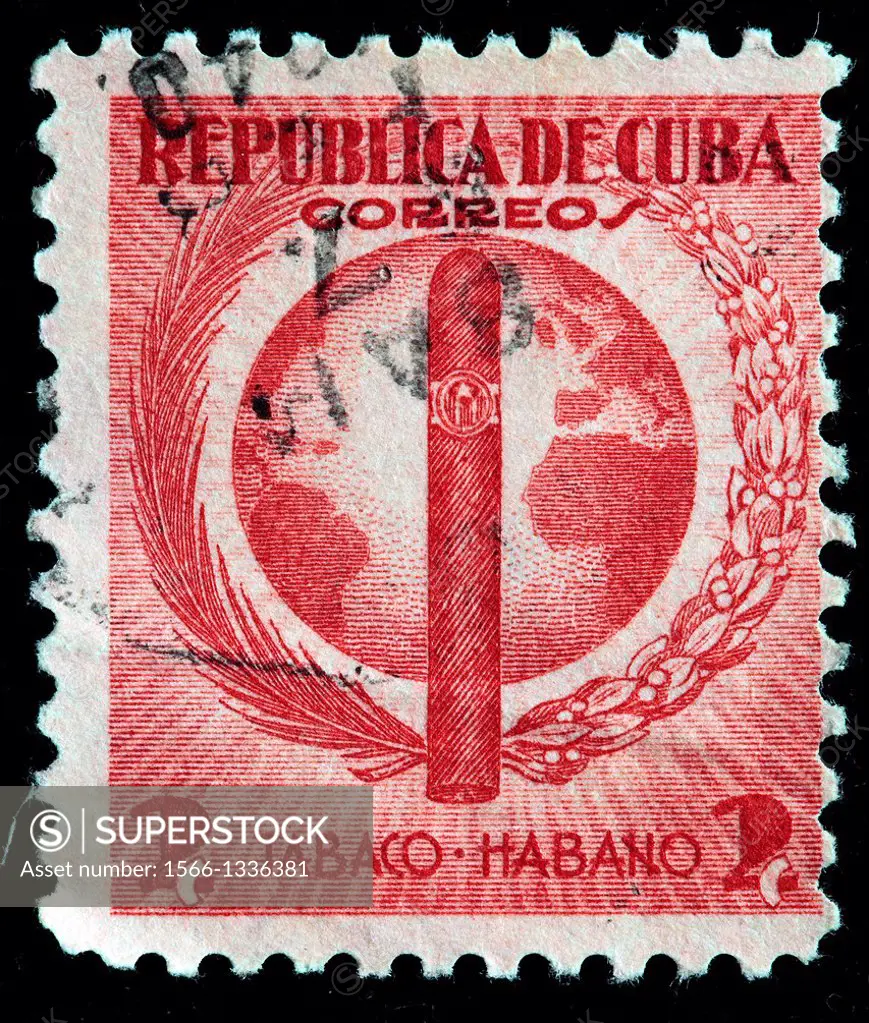 Cigar and globe, postage stamp, Cuba, 1939