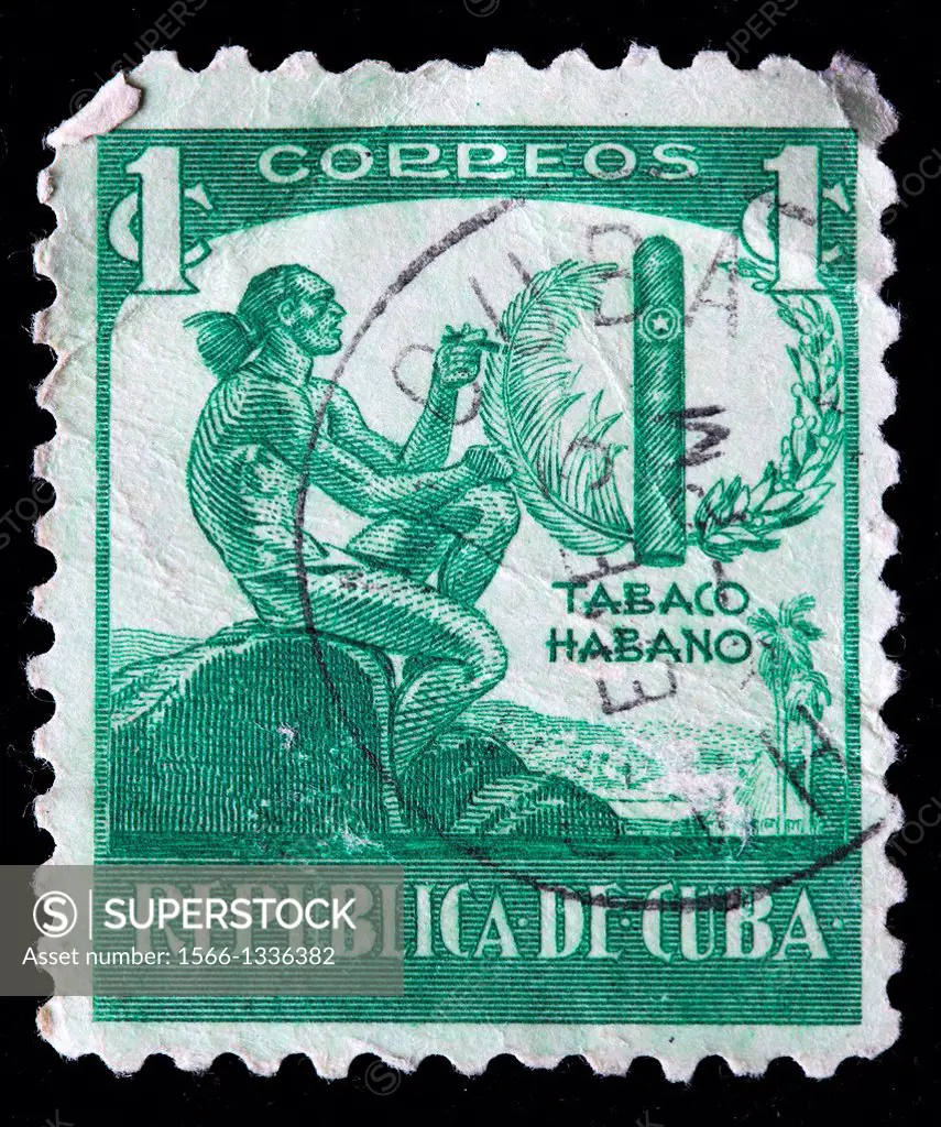 Ciboney Indian and cigar, postage stamp, Cuba, 1939