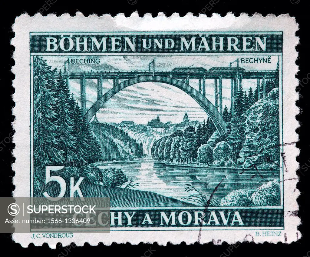 Lainsitz Bridge near Bechyne, postage stamp, Czechoslovakia, Bohemia and Moravia, 1939