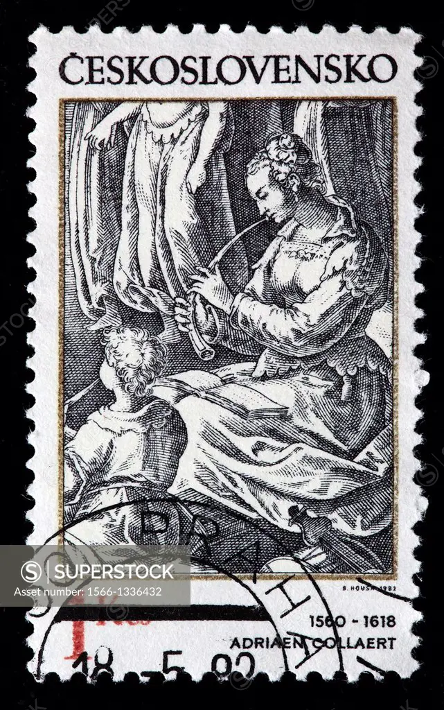 Woman Flautist, Engraving, postage stamp, Czechoslovakia, 1982