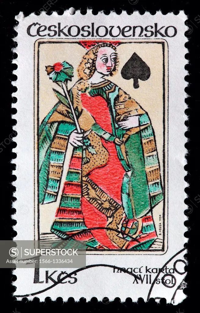 Queen of spades, vintage playing card, postage stamp, Czechoslovakia, 1984