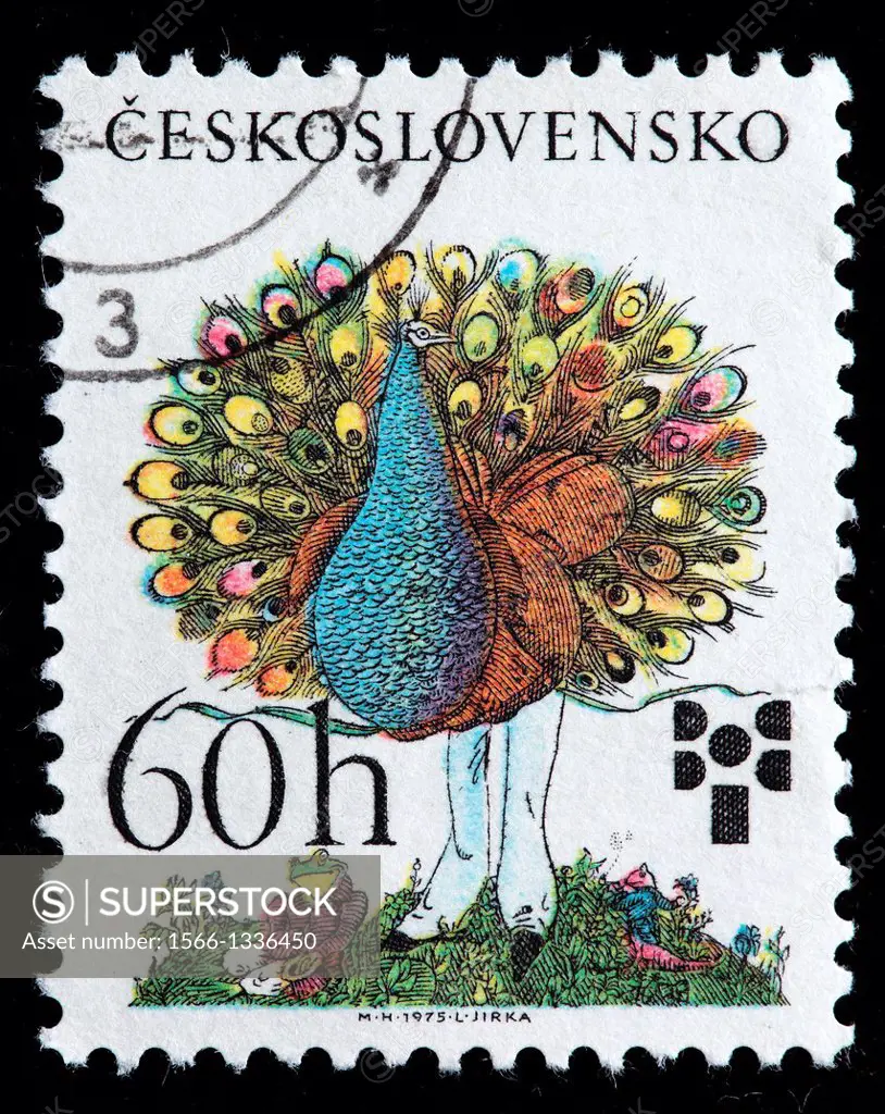 Peacock, Book Illustration, postage stamp, Czechoslovakia, 1975