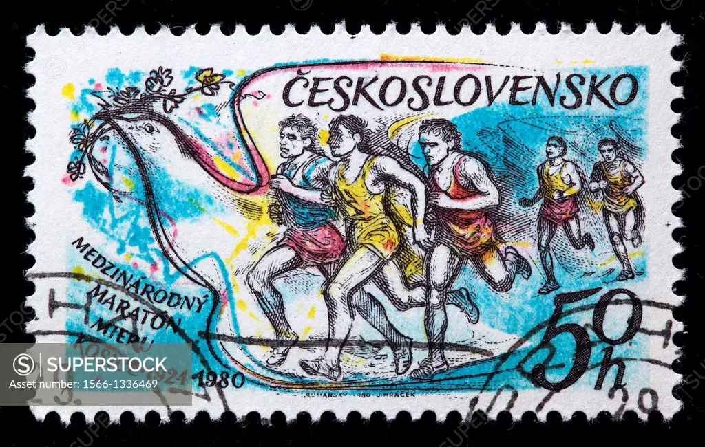 Runners and dove, postage stamp, Czechoslovakia, 1980