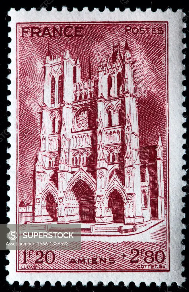 Amiens cathedral, postage stamp, France, 1944