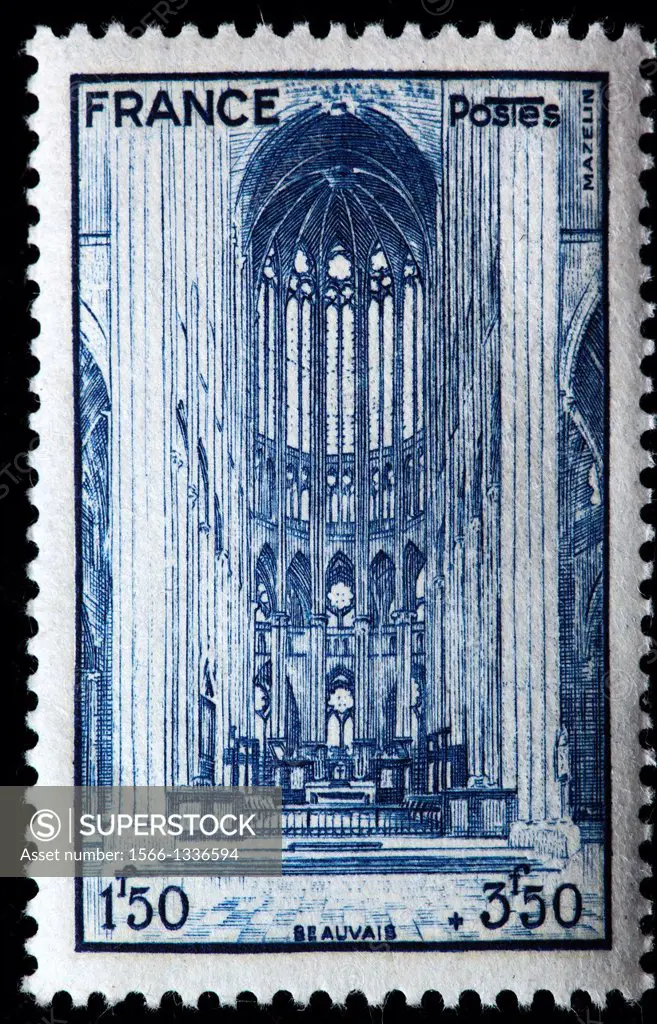Beauvais cathedral, postage stamp, France, 1944
