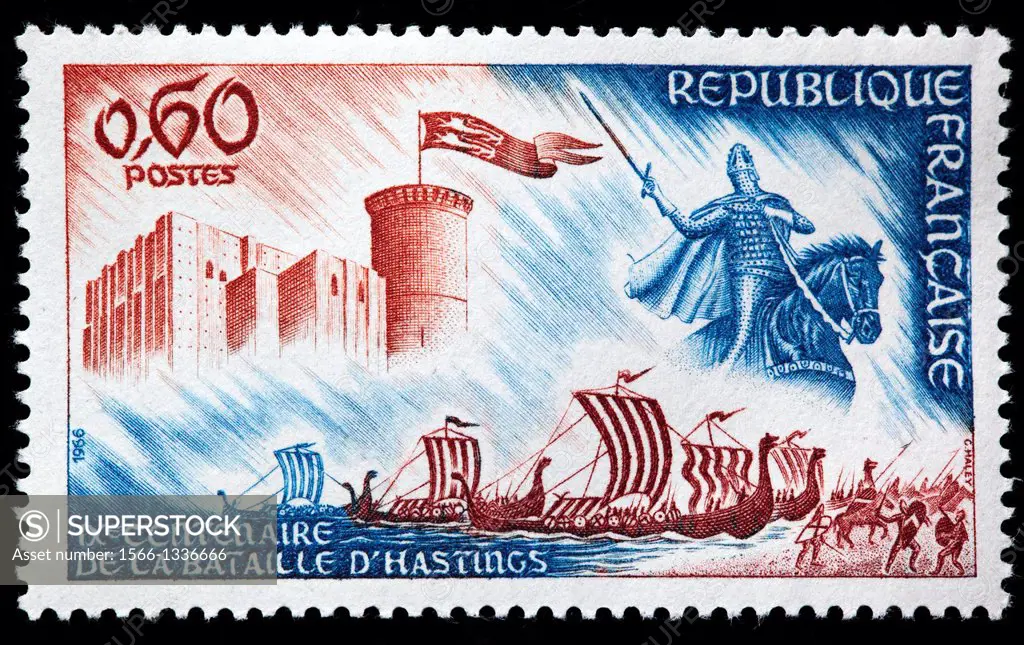 William the Conqueror, Castle and Norman Ships, 900th anniversary of Battle of Hastings, postage stamp, France, 1966