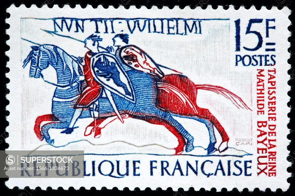 Bayeux Tapestry, Horsemen, postage stamp, France, 1958
