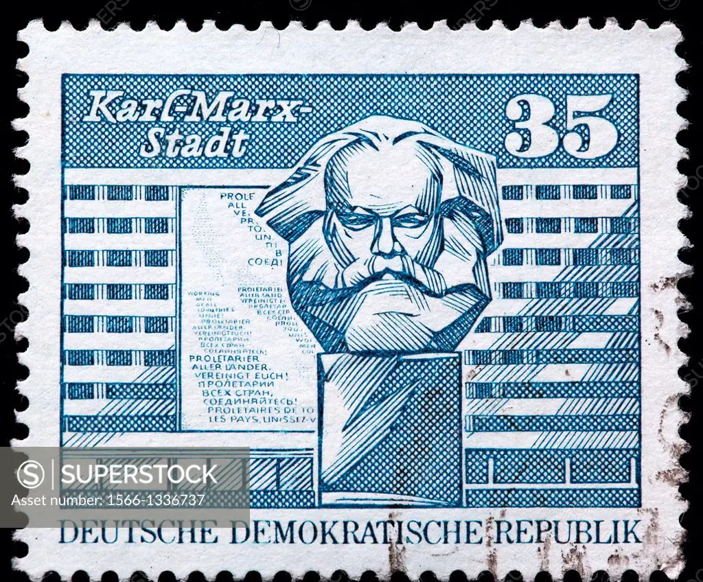 Marx monument, Karl-Marx-Stadt, postage stamp, Germany, 1973