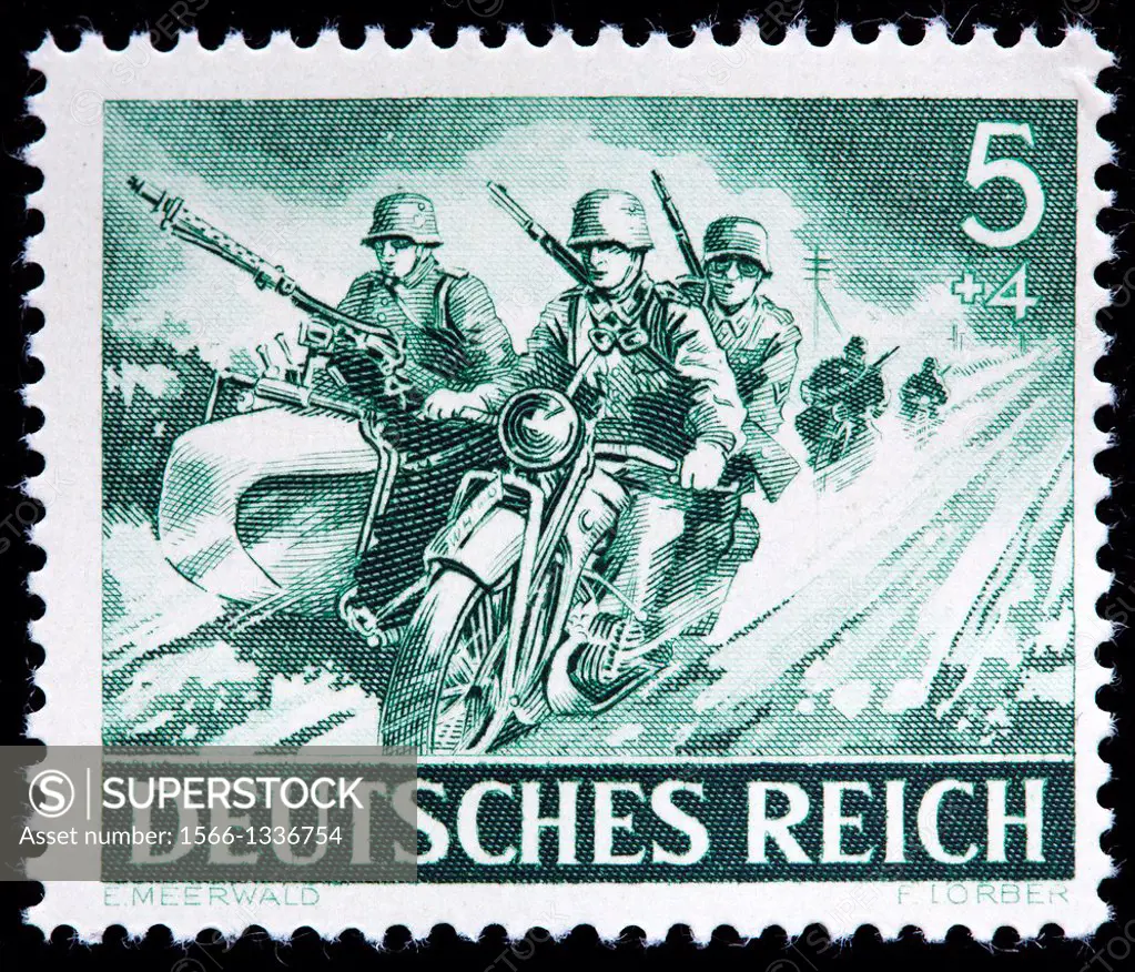 Motorized marksmen, postage stamp, Germany, 1943