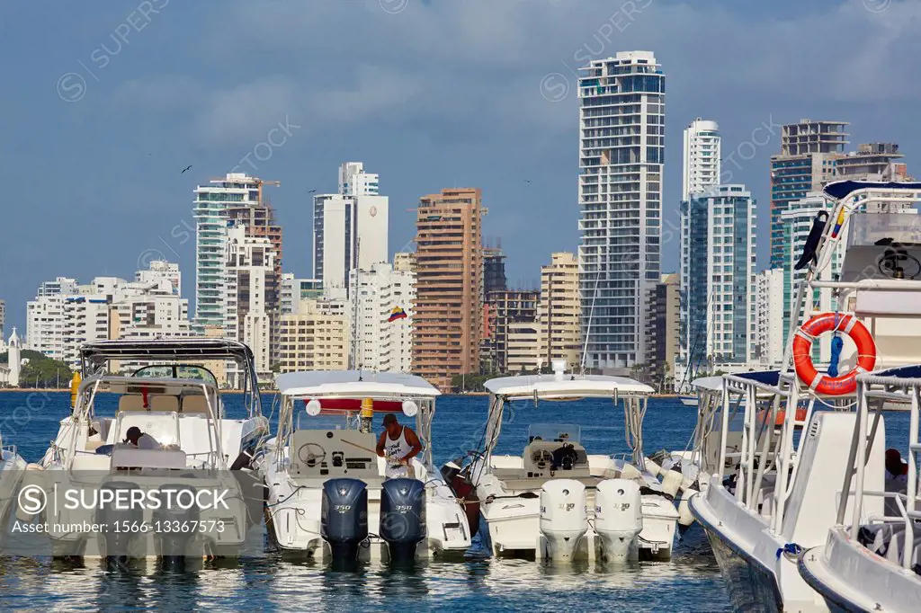 Motorboats in harbor, Marina Santa Cruz, Bocagrande, Cartagena de Indias, Bolivar, Colombia