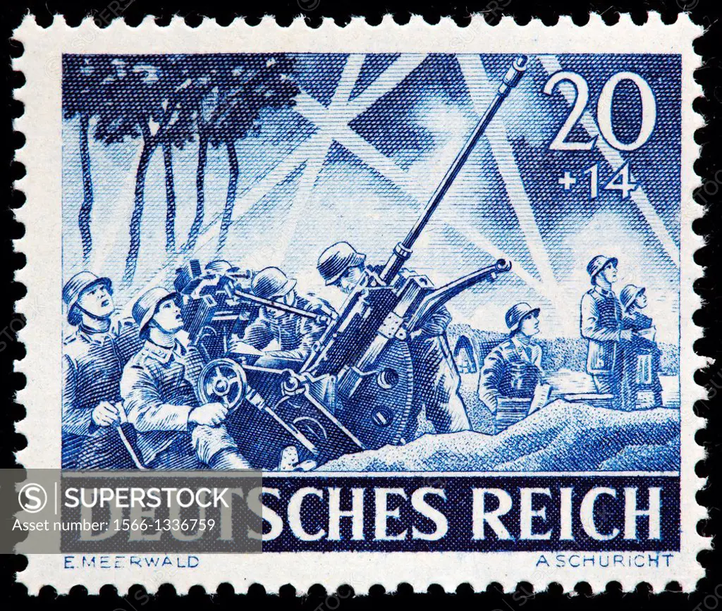 Anti-aircraft unit in action, postage stamp, Germany, 1943
