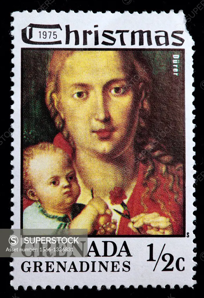 Madonna and child, painting by Durer, Christmas, postage stamp, Grenada Grenadines, 1975