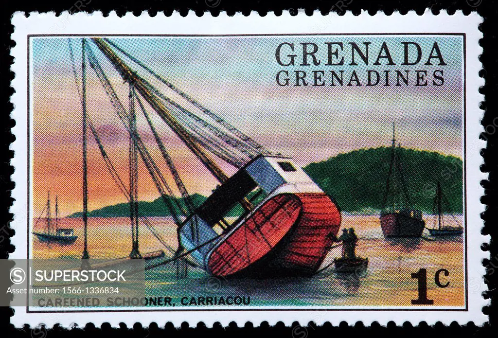Careened Schooner, Carriacou, postage stamp, Grenada Grenadines, 1976