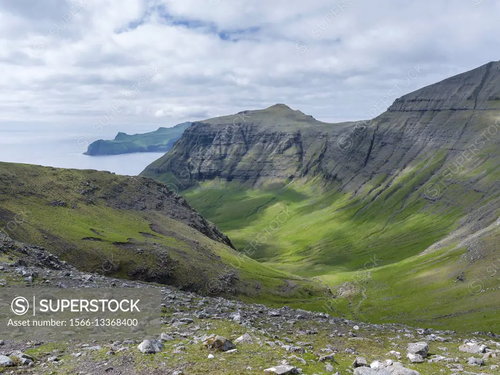 Mountains of the island Vagar, part of the Faroe Islands. Europe, Northern Europe, Denmark, Faroe Islands.