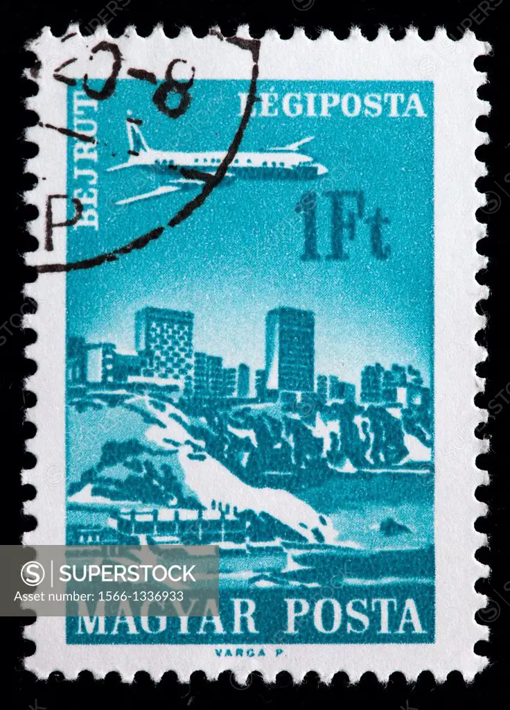 Airplane over Beirut, postage stamp, Hungary, 1966