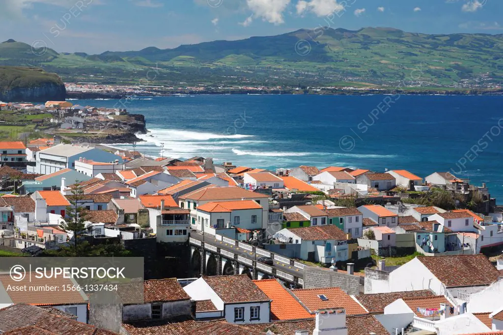 North coast of Sao Miguel island and part of the city of Ribeira Grande, Azores, Portugal.