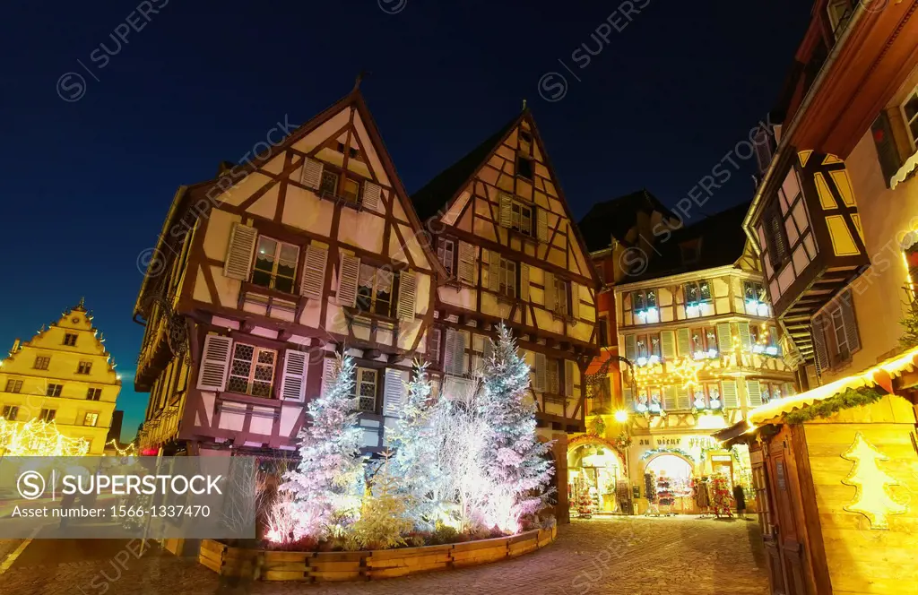 Christmas lights at the city center by night. Colmar. Wine route. Haut-Rhin. Alsace. France.